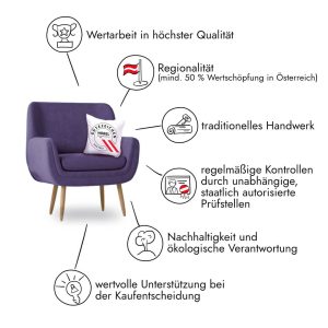 Infografik Gütezeichen Möbel zeigt violetten Sessel und gezeichnete Icons