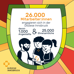 illustrierte Infografik, für die Diözese Innsbruck engagieren sich 26.000 Mitarbeiterinnen