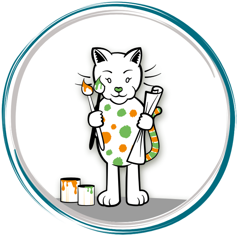 Katze konzipiert für Birgit Gartler, als schöne schwarz weiß Zeichnung mit orangen und grünen Flecken und Malutensilien in der Hand.
