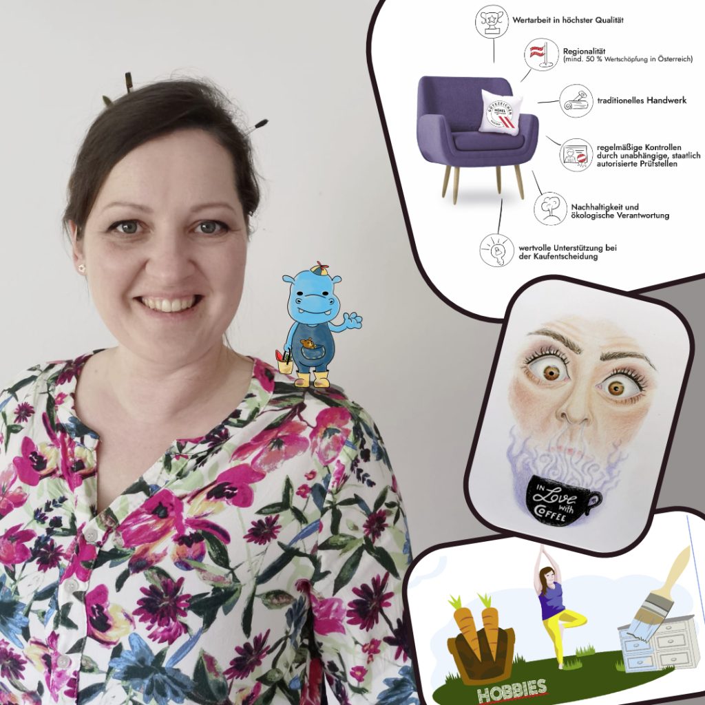 Collage von Andrea Eigler mit Markenfigur und Infografiken