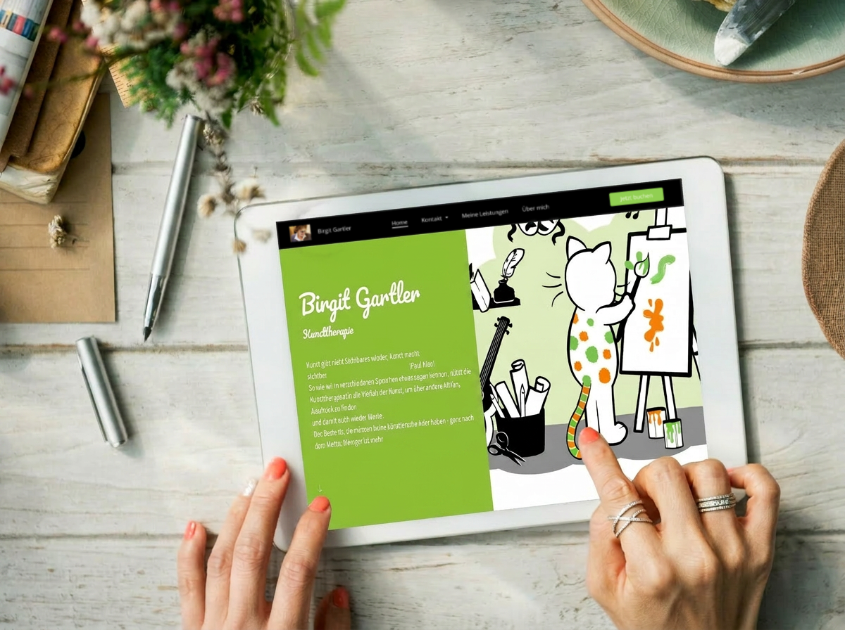 Tablet-Mockup der Website von Birgit Gartler Kunsttherapie – mit handgezeichneter Katzenfigur als Maskottchen beim Malen vor einer Staffelei, auf grünem Hintergrund.
