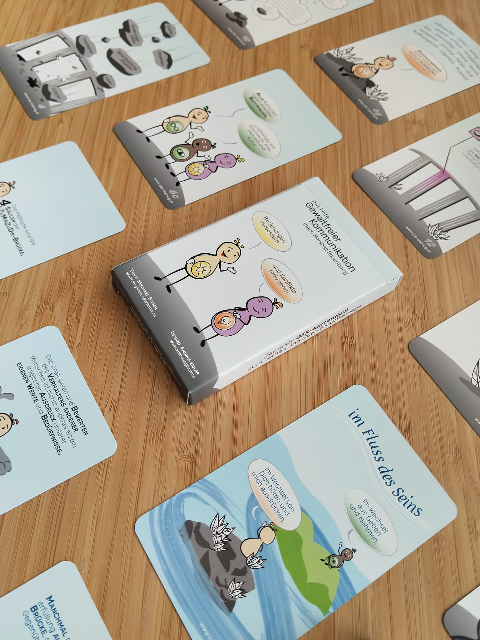 GFK-Lernkarten und Verpackung auf einem Holztisch ausgebreitet – verschiedene Karten zeigen handgezeichnete Figuren zu Themen wie „Im Fluss des Seins", Bedürfnisse und die ZuMirZuDir-Brücke.