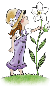 Kivalea Markenfigur – barfüßiges Mädchen mit Blume, handgezeichnet von Andrea Eigler